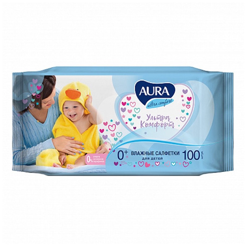 картинка Салфетки влажные, 100 шт, детские, гипоаллергенные, "Ultra comfort", AURA, 127500 от магазина Альфанит в Кунгуре