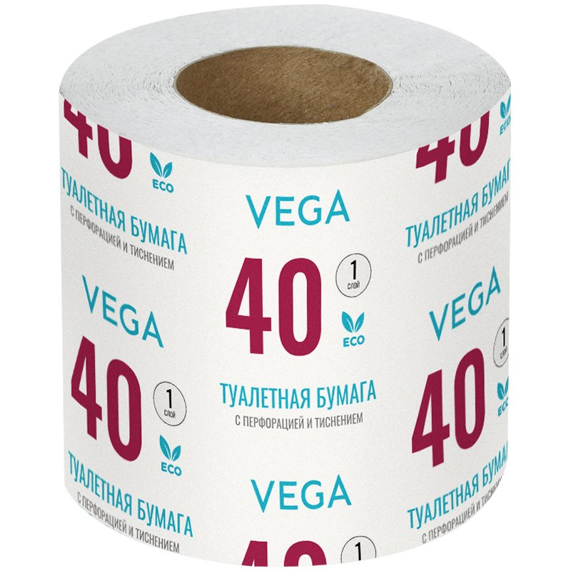 картинка Бумага туалетная, 1 шт, 1 слой, 40 м, втулка, цвет белый, Vega, 339243 от магазина Альфанит в Кунгуре