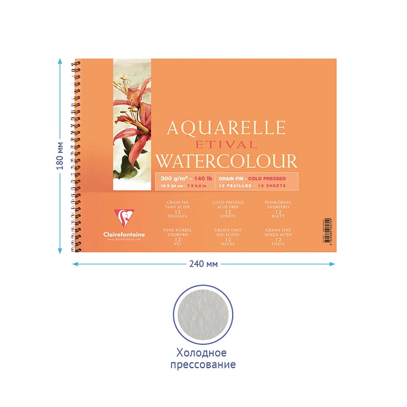 картинка Бумага для акварели, 18*24 см, 12 л, 300 г/м2, спираль, зерно, холодное прессование, "Etival", Clairefontaine, 96070C от магазина Альфанит в Кунгуре