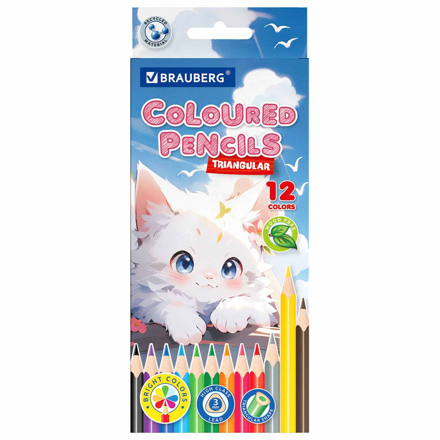 картинка Карандаши цветные, 12 цв, 12 шт, пластик, трехгранный корпус, BRAUBERG, 182055 от магазина Альфанит в Кунгуре