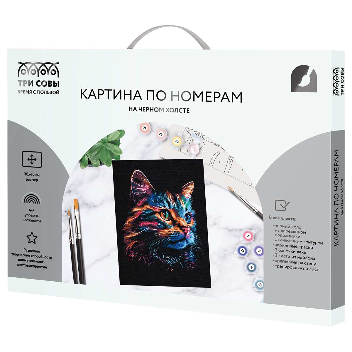 картинка Картина по номерам, 30*40 см, на черном холсте, "Неоновый кот", Три совы, КХп_48146 от магазина Альфанит в Кунгуре