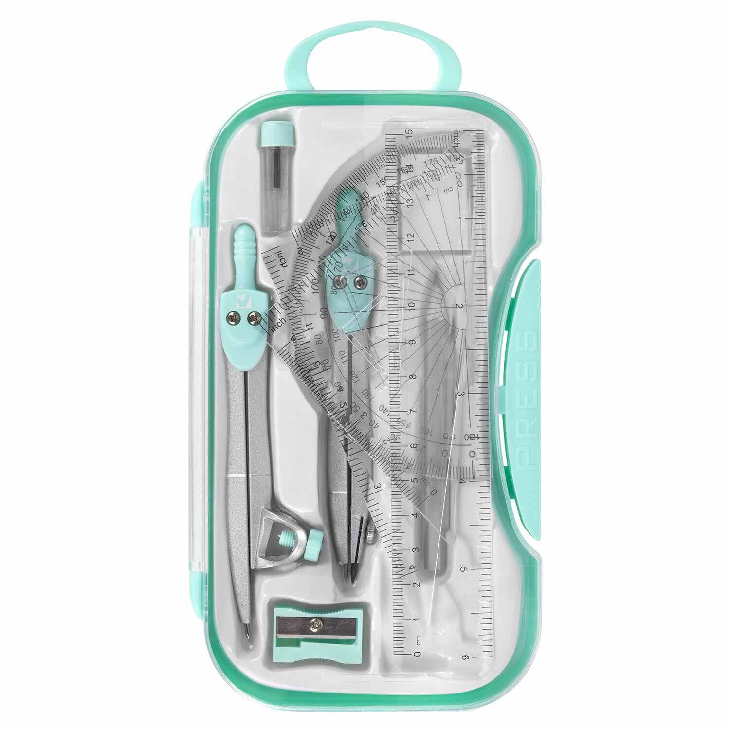 картинка Готовальня 11 предметов, мятный, пластиковый футляр, "School Kit", BRAUBERG, 210706 от магазина Альфанит в Кунгуре