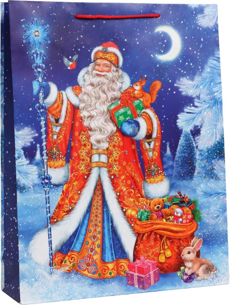 картинка Пакет подарочный новогодний, 42,5*33*10 см, ручка-шнур, бумага, "Дед Мороз с подарками", 7292590 от магазина Альфанит в Кунгуре