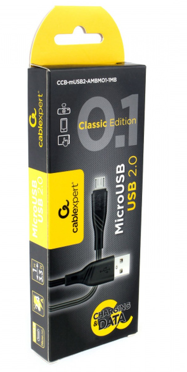 картинка Кабель зарядный Cablexpert Classic 0.1 2.4A USB 2.0 AM — USB 2.0 microBM, 1,0 м, черный, CCB-mUSB2-AMBMO1-1MB от магазина Альфанит в Кунгуре