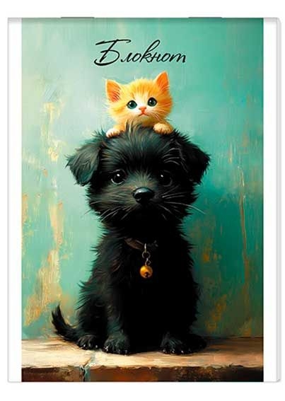картинка Блокнот, А6, 32 л, клетка, на скрепке, "Щенок и котенок", КТС, С0100-304 от магазина Альфанит в Кунгуре