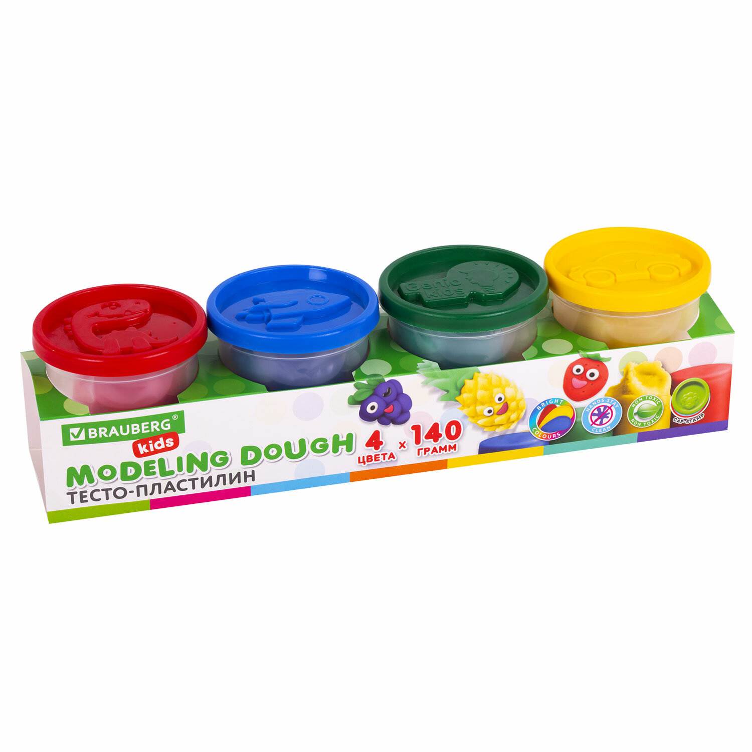 картинка Набор пластилина для лепки, 4 цв, 560 гр, крышки-штампики, BRAUBERG KIDS, 106716 от магазина Альфанит в Кунгуре