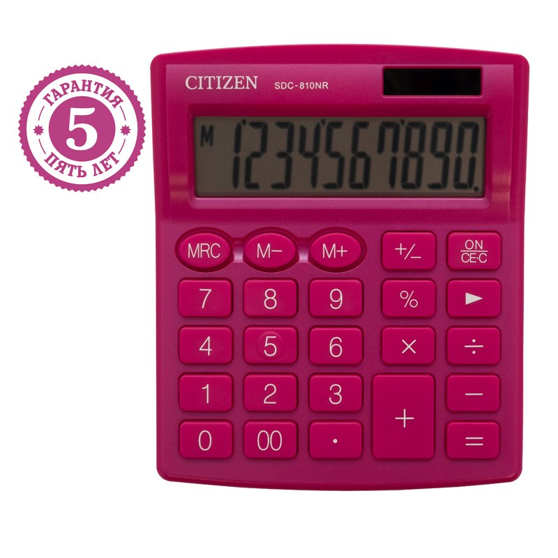 картинка Калькулятор настольный, 10 разрядов, 12,4*10,2 см, двойное питание, розовый, CITIZEN, SDC-810NR-PK от магазина Альфанит в Кунгуре