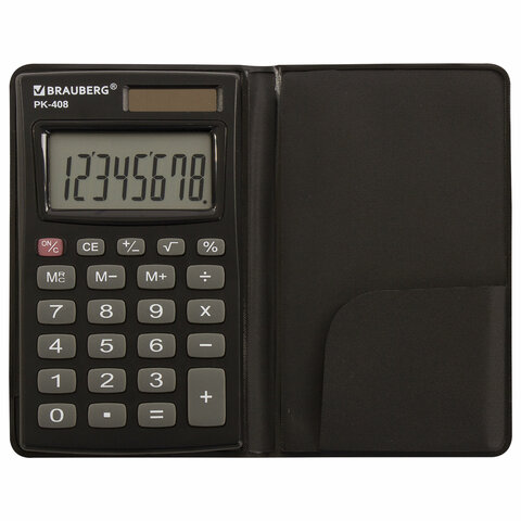 картинка Калькулятор карманный, 8 разрядов, 9,7*5,6 см, черный, двойное питание, "PK-408-BK", BRAUBERG, 250517 от магазина Альфанит в Кунгуре