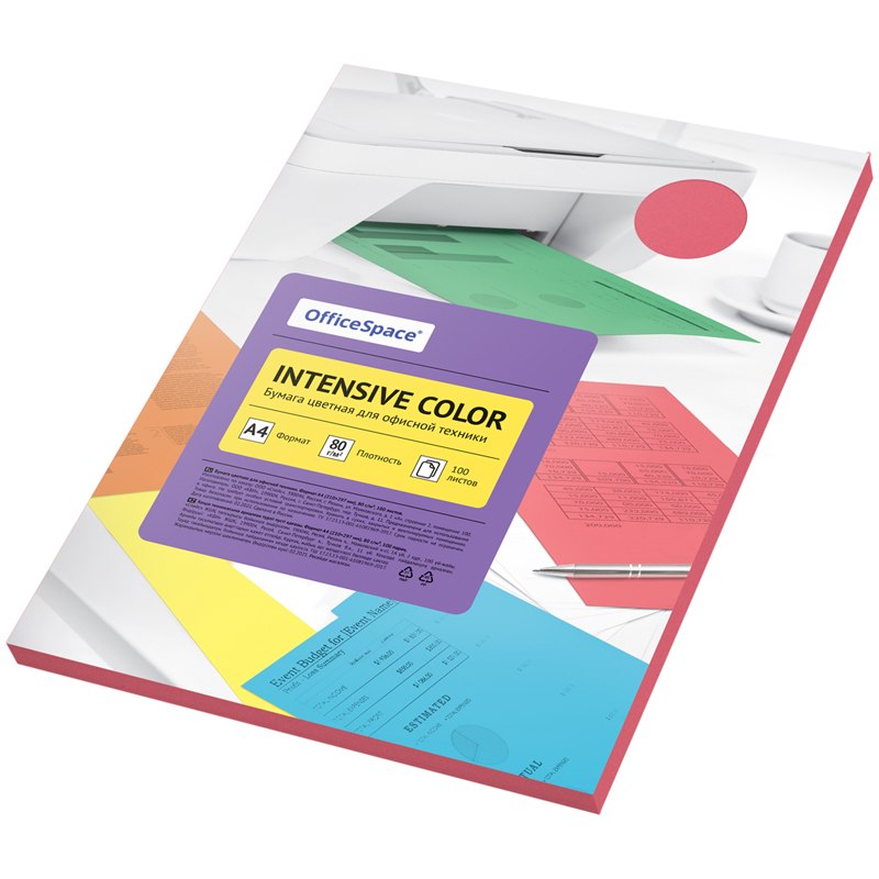 картинка Бумага офисная цветная, А4, 100 л, 1 цв, 80 г/м2, красный, "Intensive Color", OfficeSpace, IC_38230 от магазина Альфанит в Кунгуре