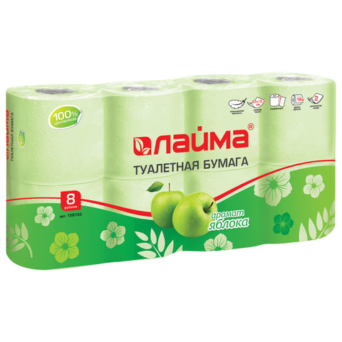 картинка Бумага туалетная, 8 шт, 2 слоя, 19 м, цвет зеленый, "Яблоко", LAIMA, 128723 от магазина Альфанит в Кунгуре