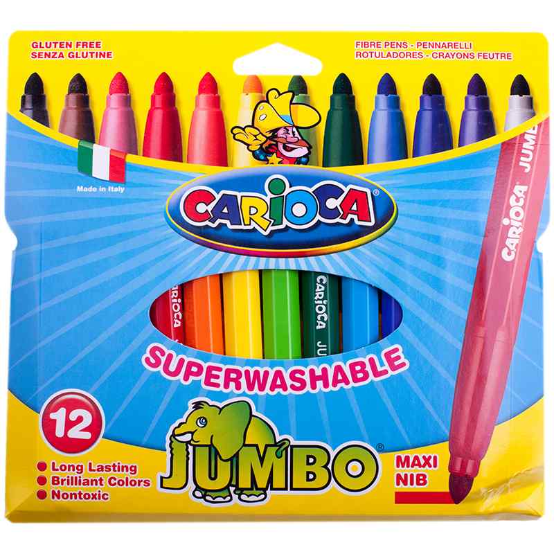 картинка Фломастеры, 12 цв, 12 шт, утолщенный корпус, смываемые, "Jumbo", Carioca, 40565 от магазина Альфанит в Кунгуре