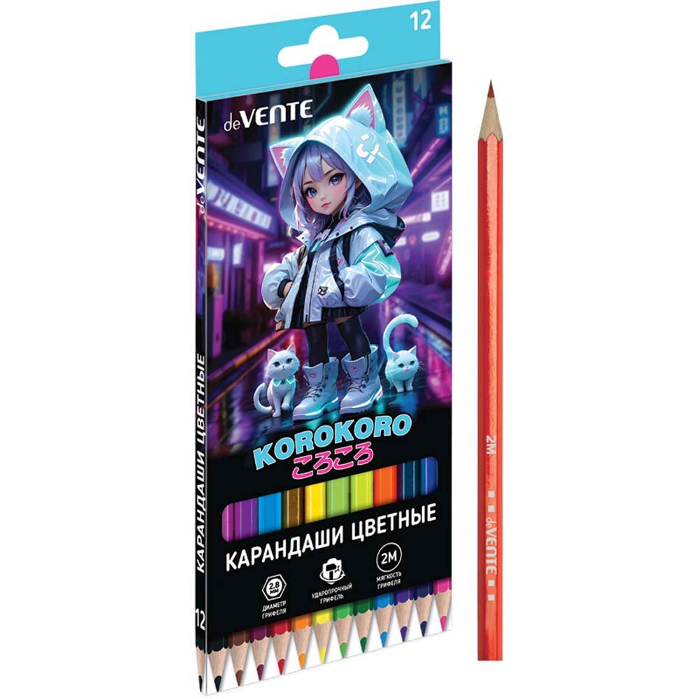 картинка Карандаши цветные, 12 цв, 12 шт, дерево, 2М, "Korokoro", deVente, 5022534 от магазина Альфанит в Кунгуре
