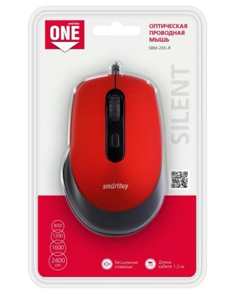картинка Мышь проводная бесшумная SmartBuy 265 One, 800-2400 dpi, USB, красный, SBM-265-R от магазина Альфанит в Кунгуре