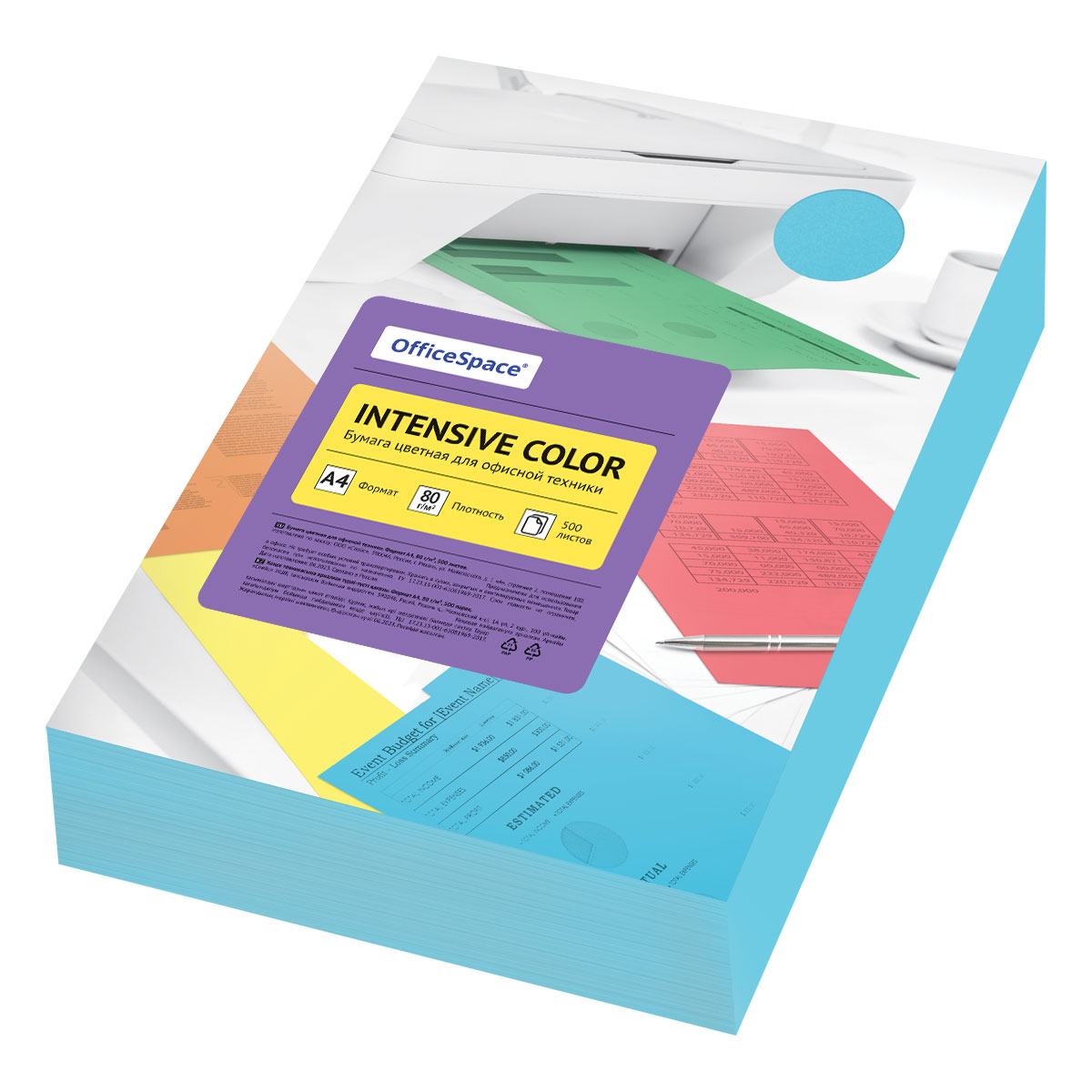 картинка Бумага офисная цветная, А4, 500 л, 1 цв, 80 г/м2, голубой, "Intensive Color", OfficeSpace, 361616 от магазина Альфанит в Кунгуре