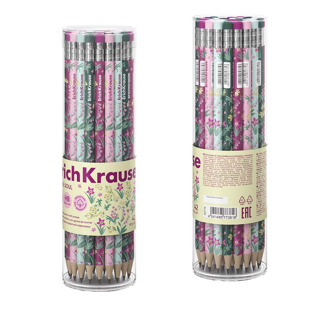 картинка Карандаш чернографитный, HB (ТМ), пластик, заточен, с ластиком, "Floral Soul", Erich Krause, 62775 от магазина Альфанит в Кунгуре