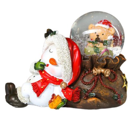 картинка Шар водяной, 7,5*6,5,5*10 см, полистоун, "Снеговик спит на мешке с подарками", 4822165 от магазина Альфанит в Кунгуре
