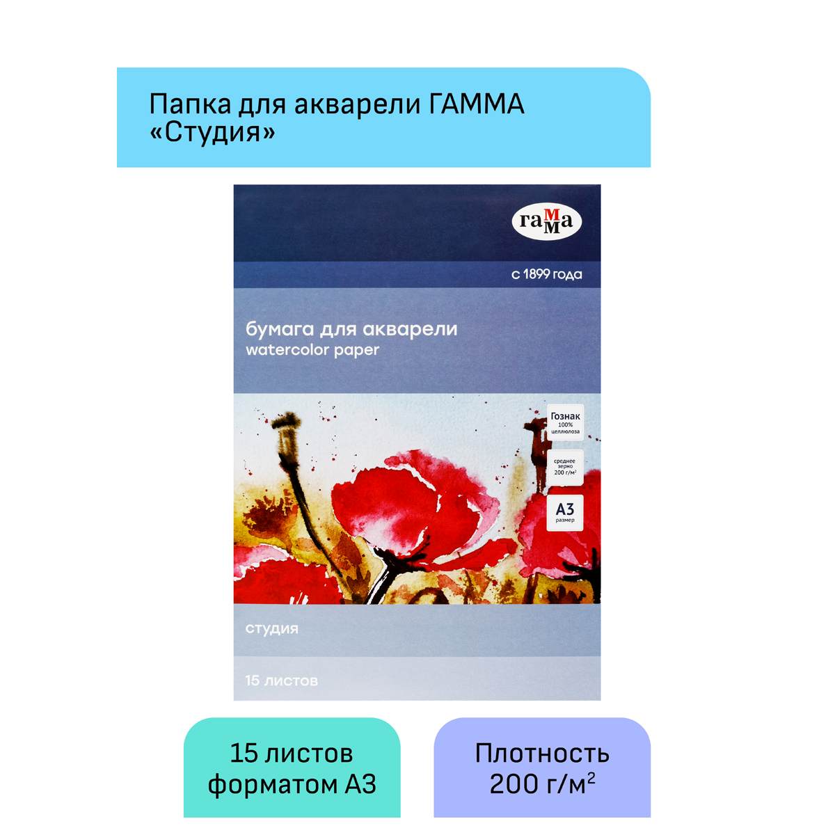 картинка Папка для акварели, А3, 15 л, 200 г/м2, среднее зерно, "Студия", Гамма, 30C03F715W от магазина Альфанит в Кунгуре
