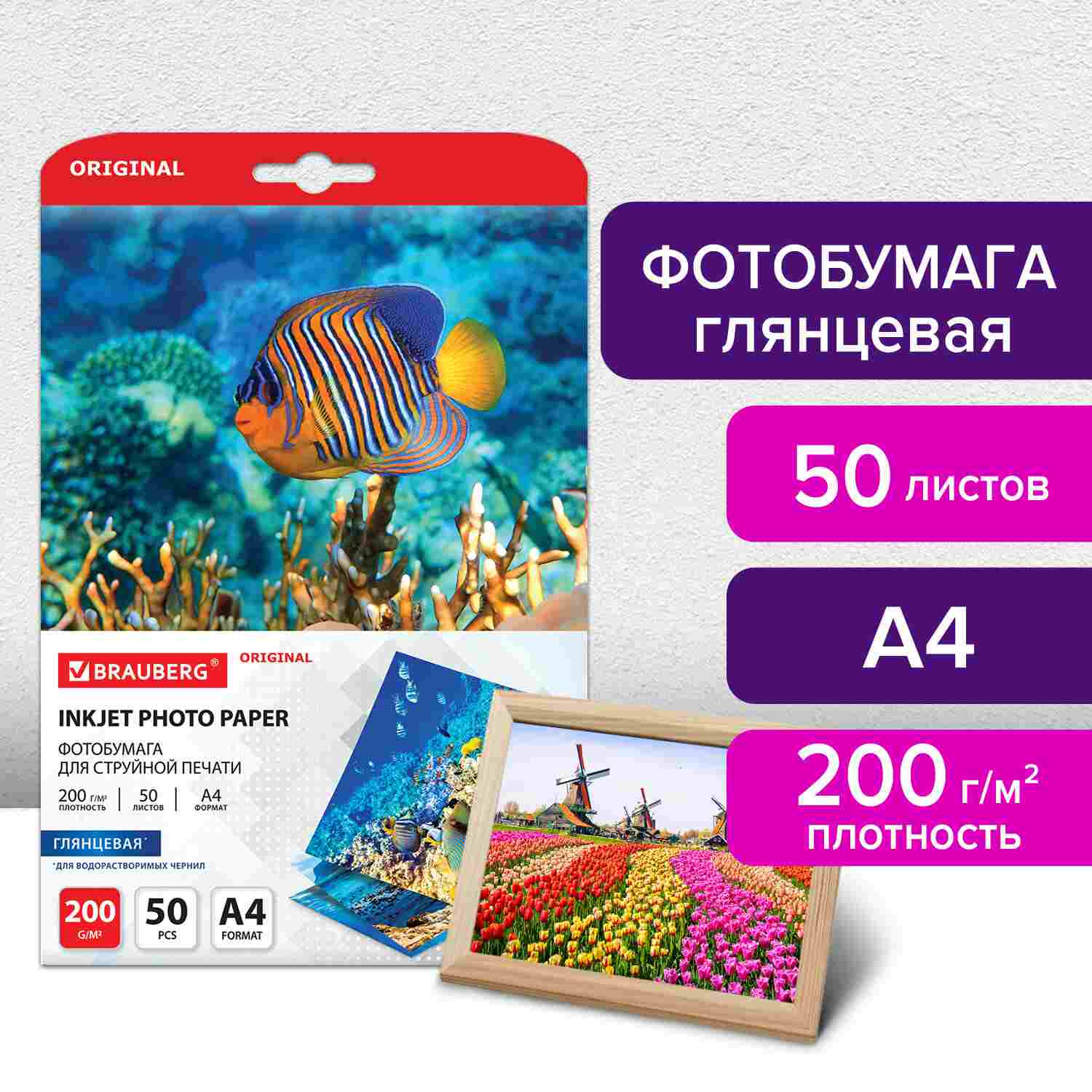 картинка Фотобумага BRAUBERG, А4, 50 л, 200 г/м2, глянцевая односторонняя, "Original", 363988 от магазина Альфанит в Кунгуре