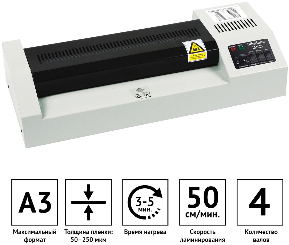 Ламинатор OfficeSpace LM320, А3, 50-250 мкм, 2 вала, 50 см/мин, белый,  LM_26816 от магазина Альфанит в Кунгуре