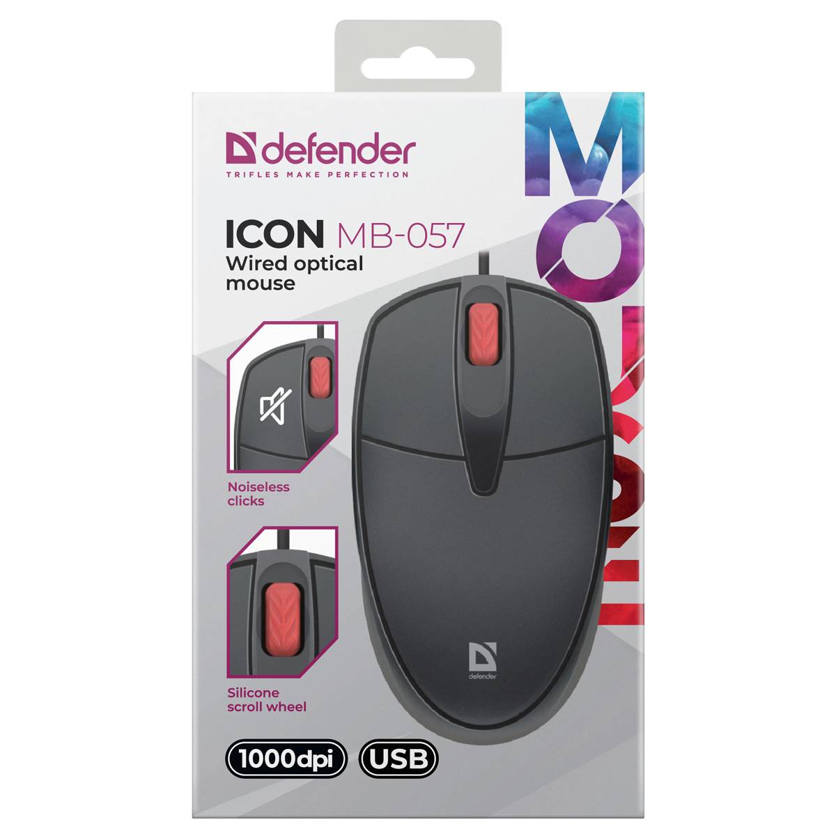 картинка Мышь проводная бесшумная Defender Icon MB-057, 1000 dpi, USB, черный, 52057 от магазина Альфанит в Кунгуре