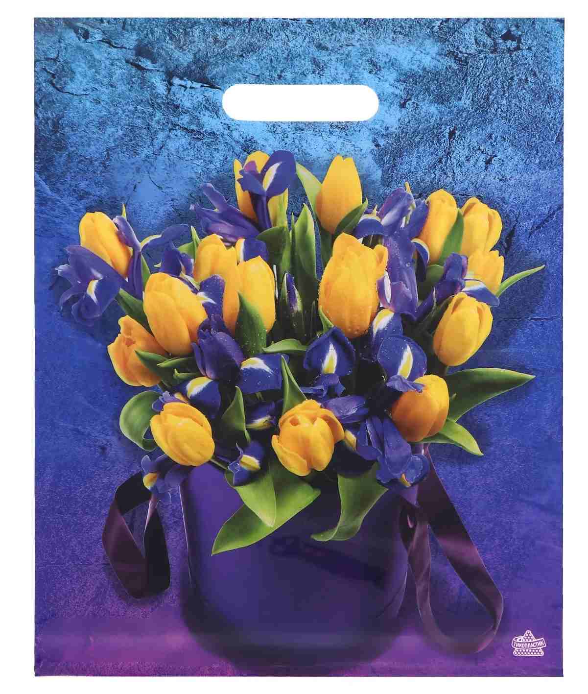 картинка Пакет, 31*40 см, 60 мкм, вырубная ручка, полиэтилен, "Желтые тюльпаны", Тикопластик, 9796025 от магазина Альфанит в Кунгуре