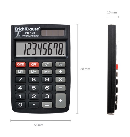 картинка Калькулятор карманный, 8 разрядов, 5,8*8,8 см, двойное питание, "РС-101", Erich Krause, 40101 от магазина Альфанит в Кунгуре