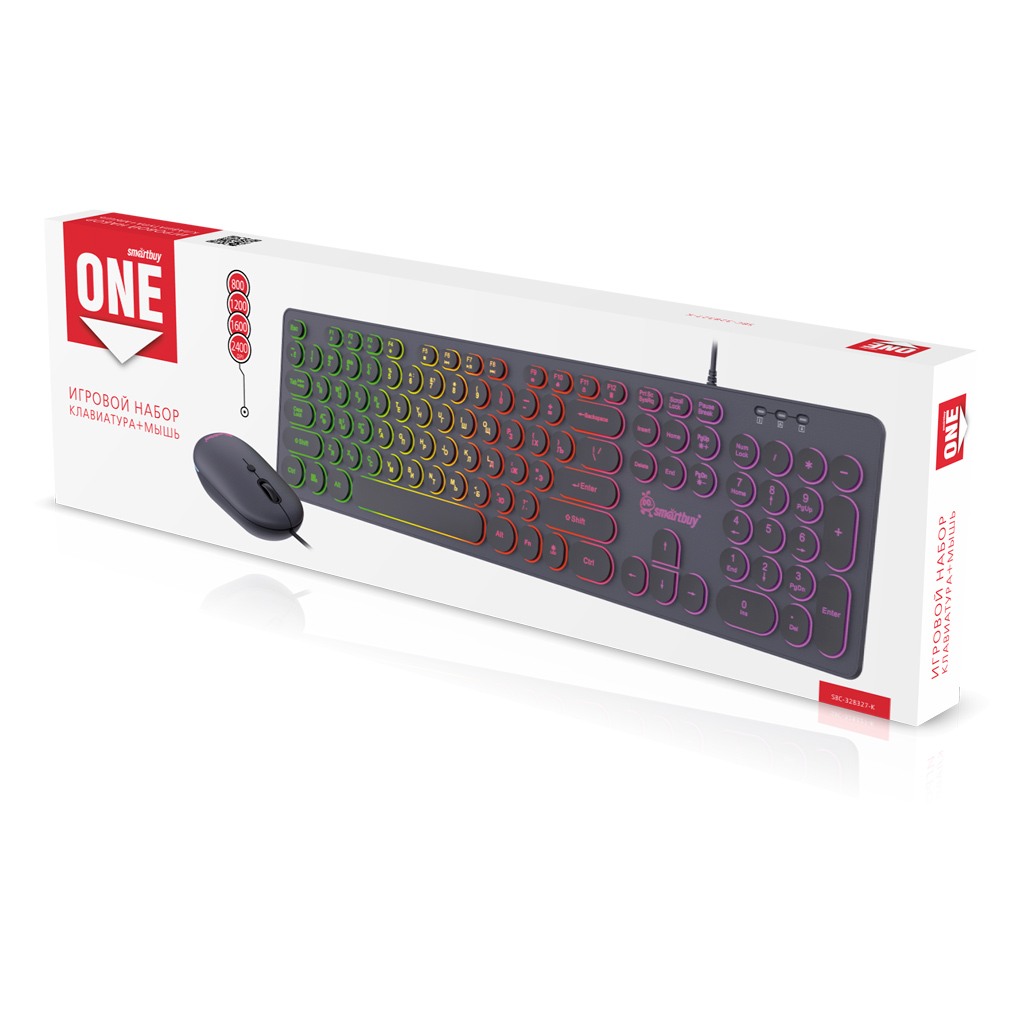 картинка Комплект проводной (клавиатура + мышь) SmartBuy One 328327, 800-1600 dpi, USB, черный, подсветка, SBC-328327-K от магазина Альфанит в Кунгуре