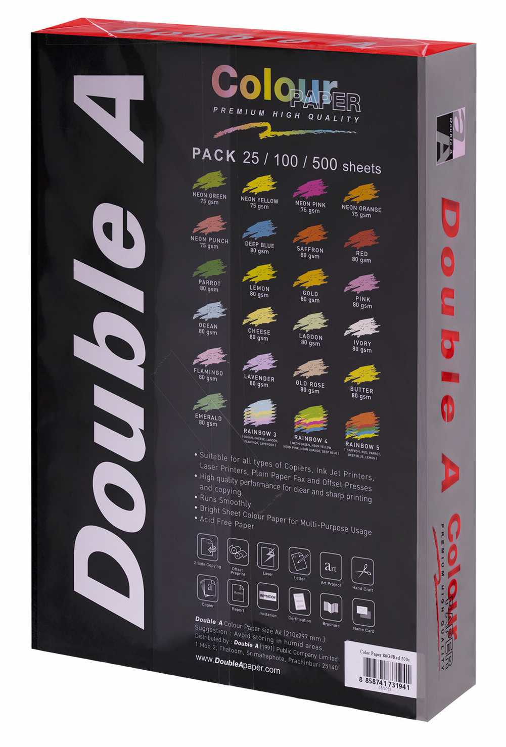 картинка Бумага офисная цветная, А4, 500 л, 1 цв, 80 г/м2, красный интенсив, Double A, 115124 от магазина Альфанит в Кунгуре