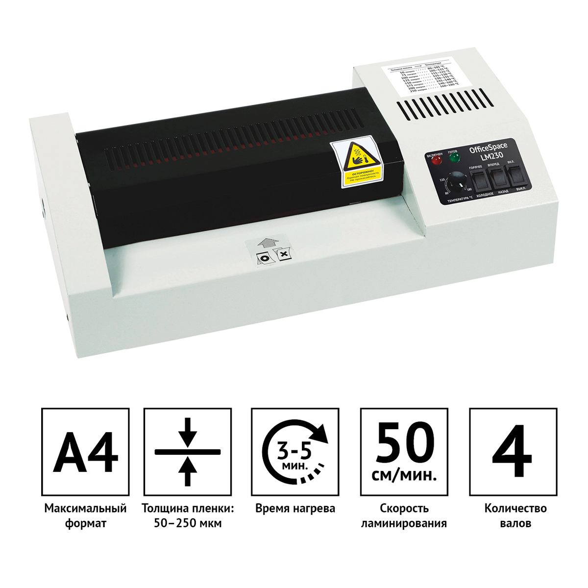 Ламинатор OfficeSpace LM230, А4, 50-250 мкм, 4 вала, 50 см/мин, белый,  LM_26815 от магазина Альфанит в Кунгуре