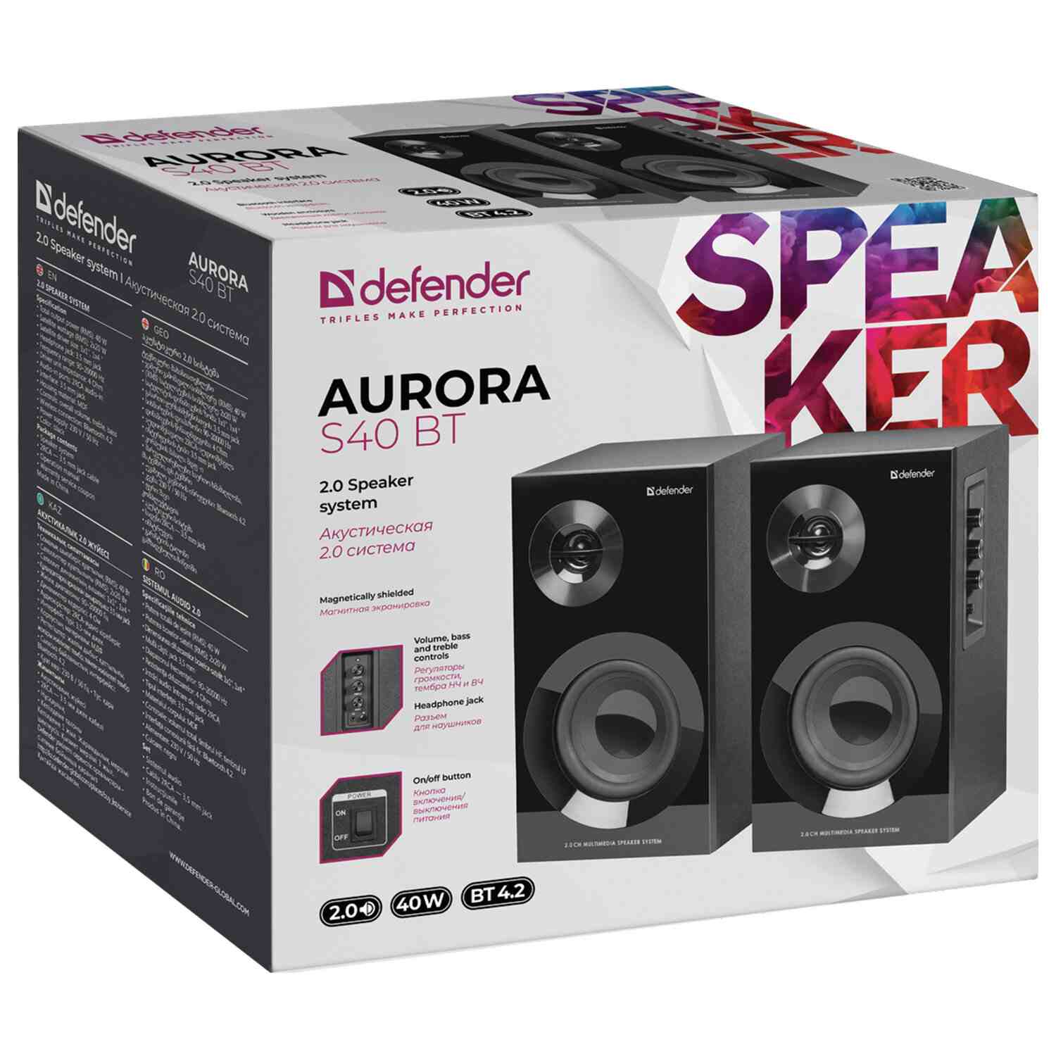 картинка Акустическая система 2.0 Defender Aurora-S40, 2*20Вт, Bluetooth, черный, 65240 от магазина Альфанит в Кунгуре