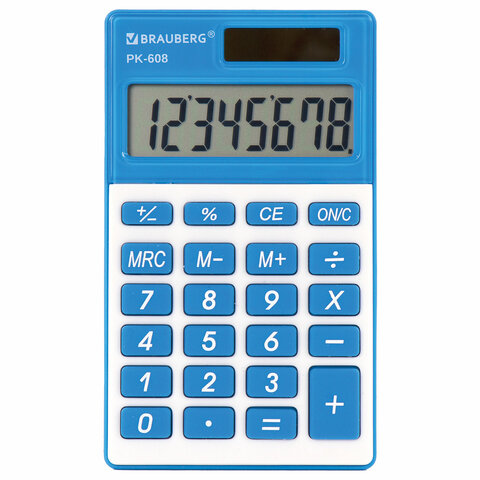 картинка Калькулятор карманный, 8 разрядов, 6,4*10,7 см, двойное питание, синий, "PK-608-BU", BRAUBERG, 250519 от магазина Альфанит в Кунгуре