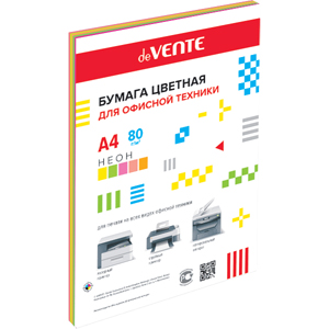картинка Бумага офисная цветная, А4, 20 л, 5 цв, 80 г/м2, неон, deVente, 2072937 от магазина Альфанит в Кунгуре