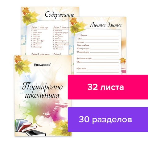 картинка Разделители для портфолио школьника, А4, 32 л, 30 разделов, "Мое портфолио", BRAUBERG, 127550 от магазина Альфанит в Кунгуре