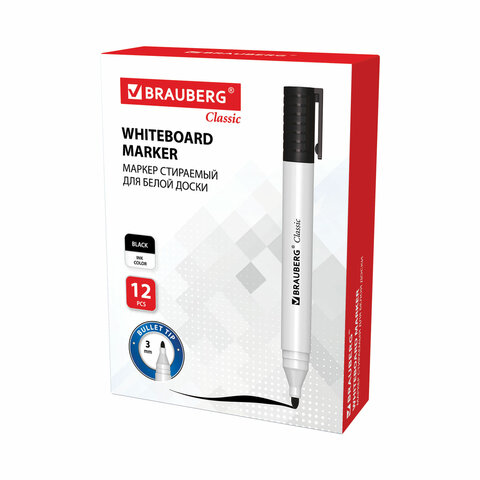 картинка Маркер для доски, 3 мм, круглый, черный, с клипом, "Classic", BRAUBERG, 152113 от магазина Альфанит в Кунгуре