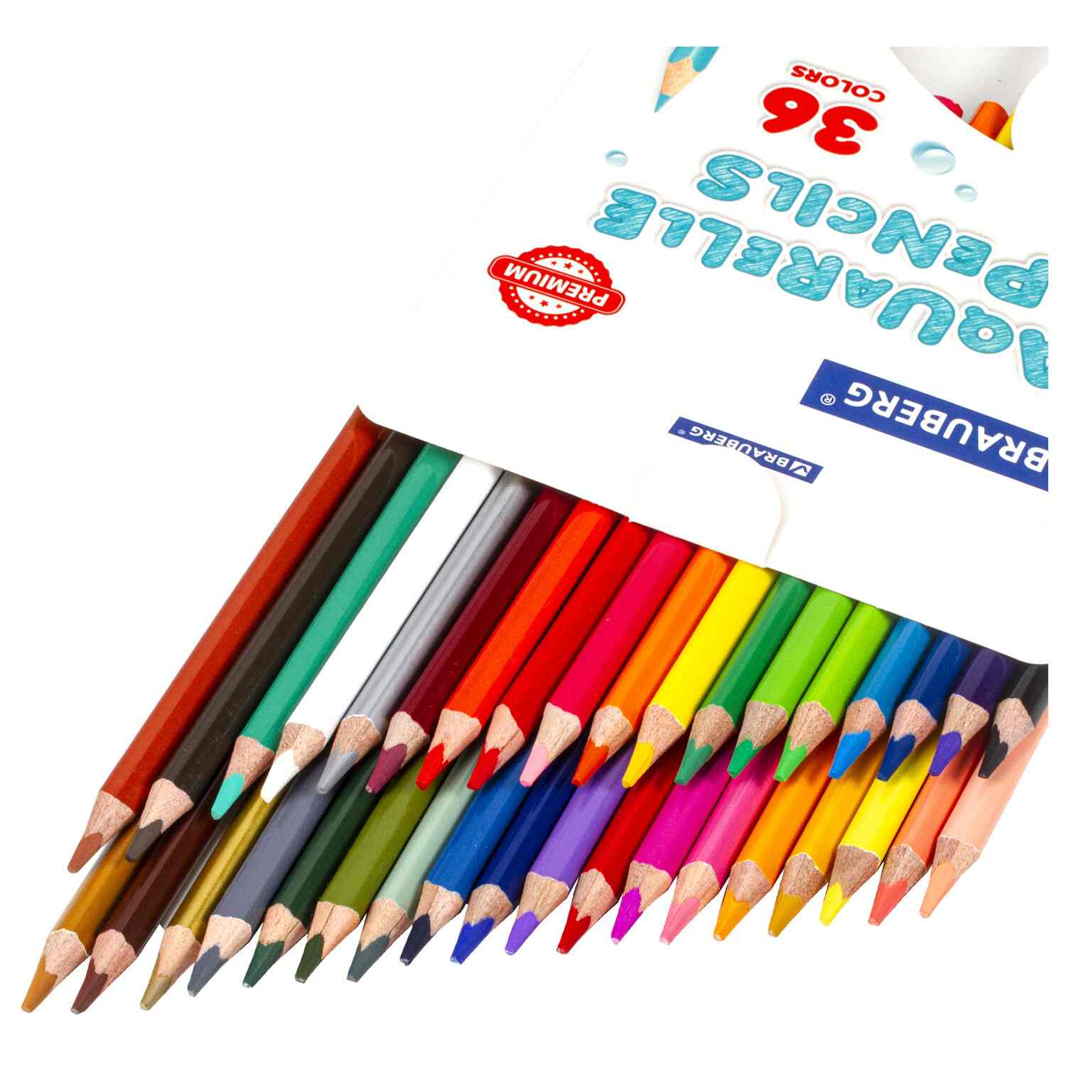 картинка Карандаши цветные акварельные, 36 цв, 36 шт, дерево, "Premium Aquarelle", BRAUBERG, 181674 от магазина Альфанит в Кунгуре