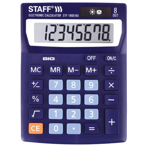 картинка Калькулятор настольный, 8 разрядов, 14*10,5 см, двойное питание, синий, "STF-1808-BU", STAFF, 250466 от магазина Альфанит в Кунгуре