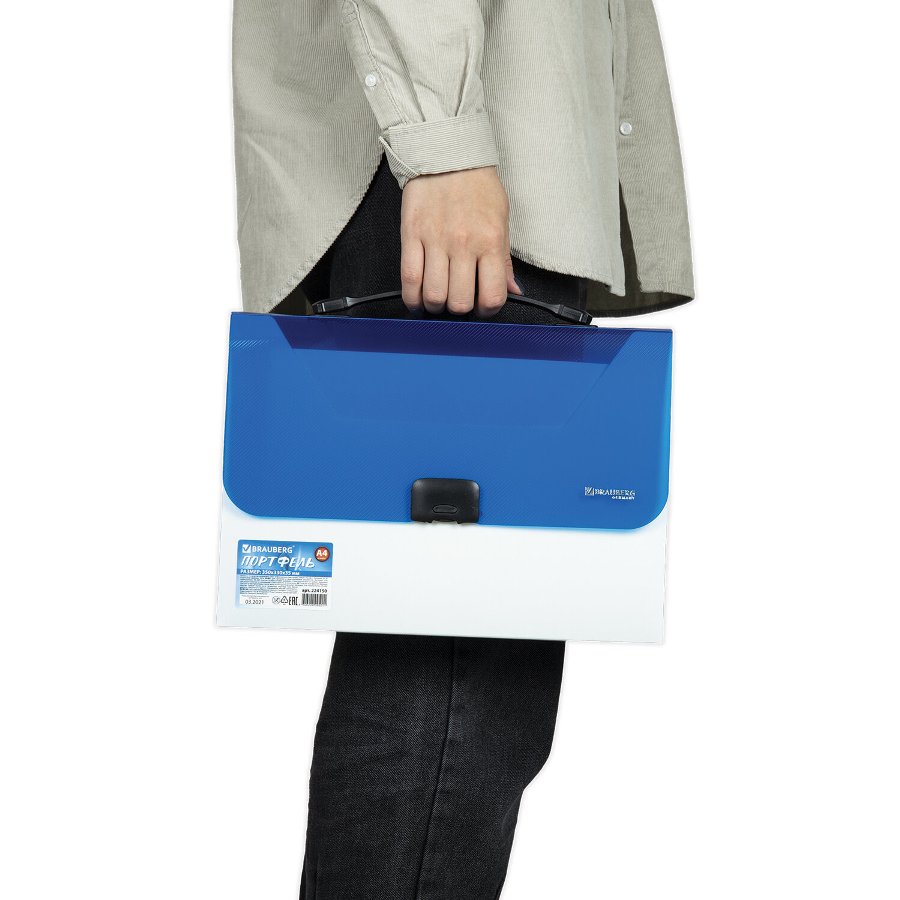 картинка Портфель, А4, 350*235*35 см, 1 отдел, пластик, белый/синий, на кнопке, BRAUBERG, 224150 от магазина Альфанит в Кунгуре