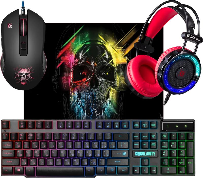 картинка Комплект проводной (клавиатура + мышь + гарнитура + коврик) игровой Defender Singularity MKP-118, USB, черный, 52118 от магазина Альфанит в Кунгуре