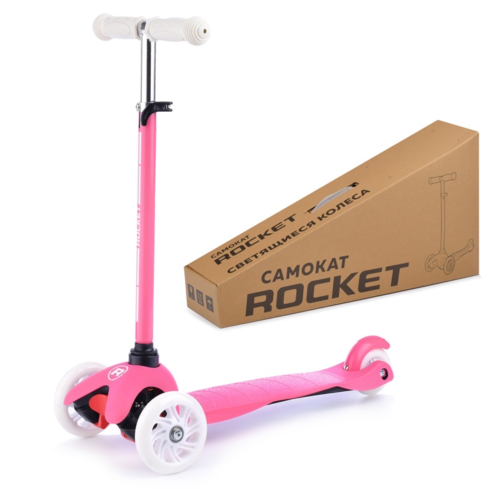 картинка Самокат 3-х колесный, белый/розовый, Rocket, R0090 от магазина Альфанит в Кунгуре