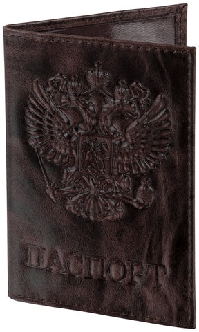 картинка Обложка для паспорта, кожа натуральная, темно-коричневый, 3D герб, тиснение, "ПАСПОРТ", BRAUBERG, 238194 от магазина Альфанит в Кунгуре