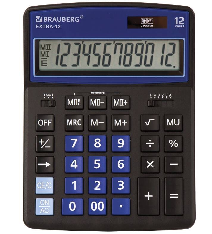 картинка Калькулятор настольный, 12 разрядов, 20,6*15,5 см, черно-синий, "EXTRA-12-BKBU", BRAUBERG, 250472 от магазина Альфанит в Кунгуре