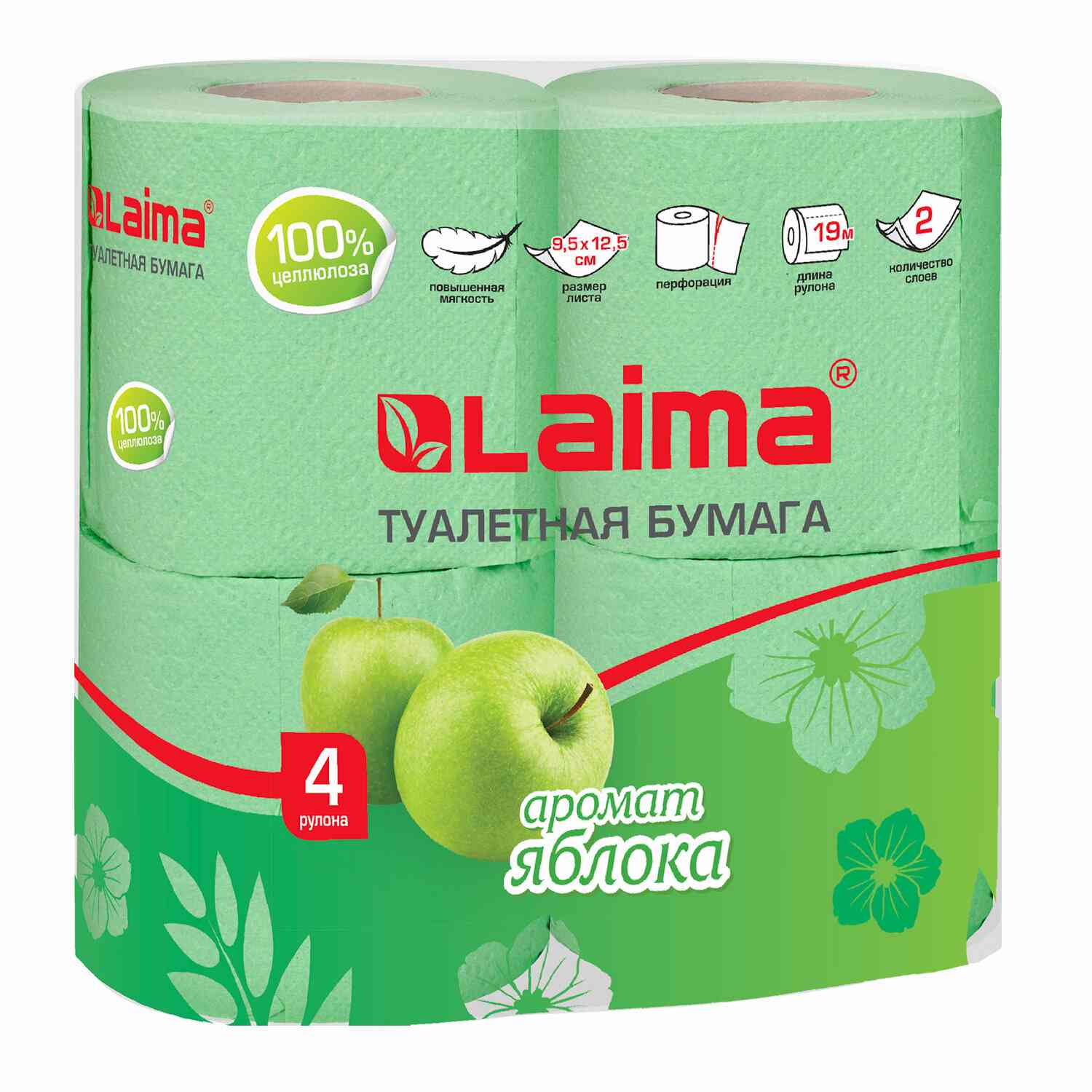 картинка Бумага туалетная, 8 шт, 2 слоя, цвет зеленый, аромат яблока, LAIMA, 128723 от магазина Альфанит в Кунгуре