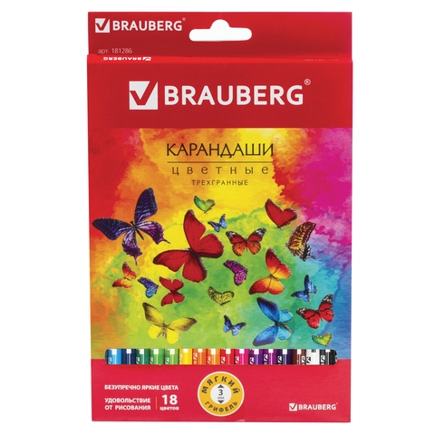 картинка Карандаши цветные, 18 цв, 18 шт, трехгранный корпус, "Бабочки", BRAUBERG, 181286 от магазина Альфанит в Кунгуре