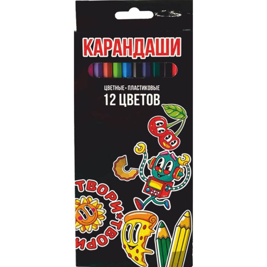 картинка Карандаши цветные, 12 цв, 12 шт, пластик, шестигранный корпус, 2Н, "Твори!", 633667 от магазина Альфанит в Кунгуре
