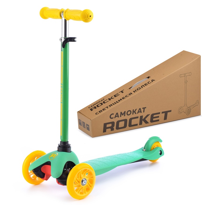 картинка Самокат 3-х колесный, желтый/зеленый, Rocket, R0090 от магазина Альфанит в Кунгуре