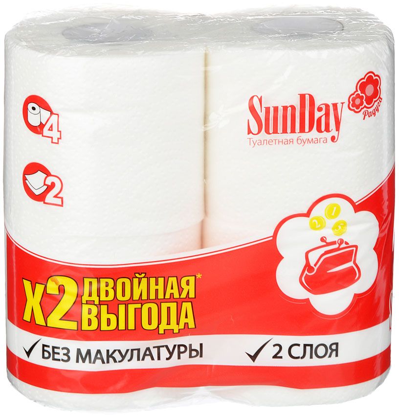 картинка Бумага туалетная, 4 шт, 2 слоя, цвет белый, Sunday, 918-002 от магазина Альфанит в Кунгуре