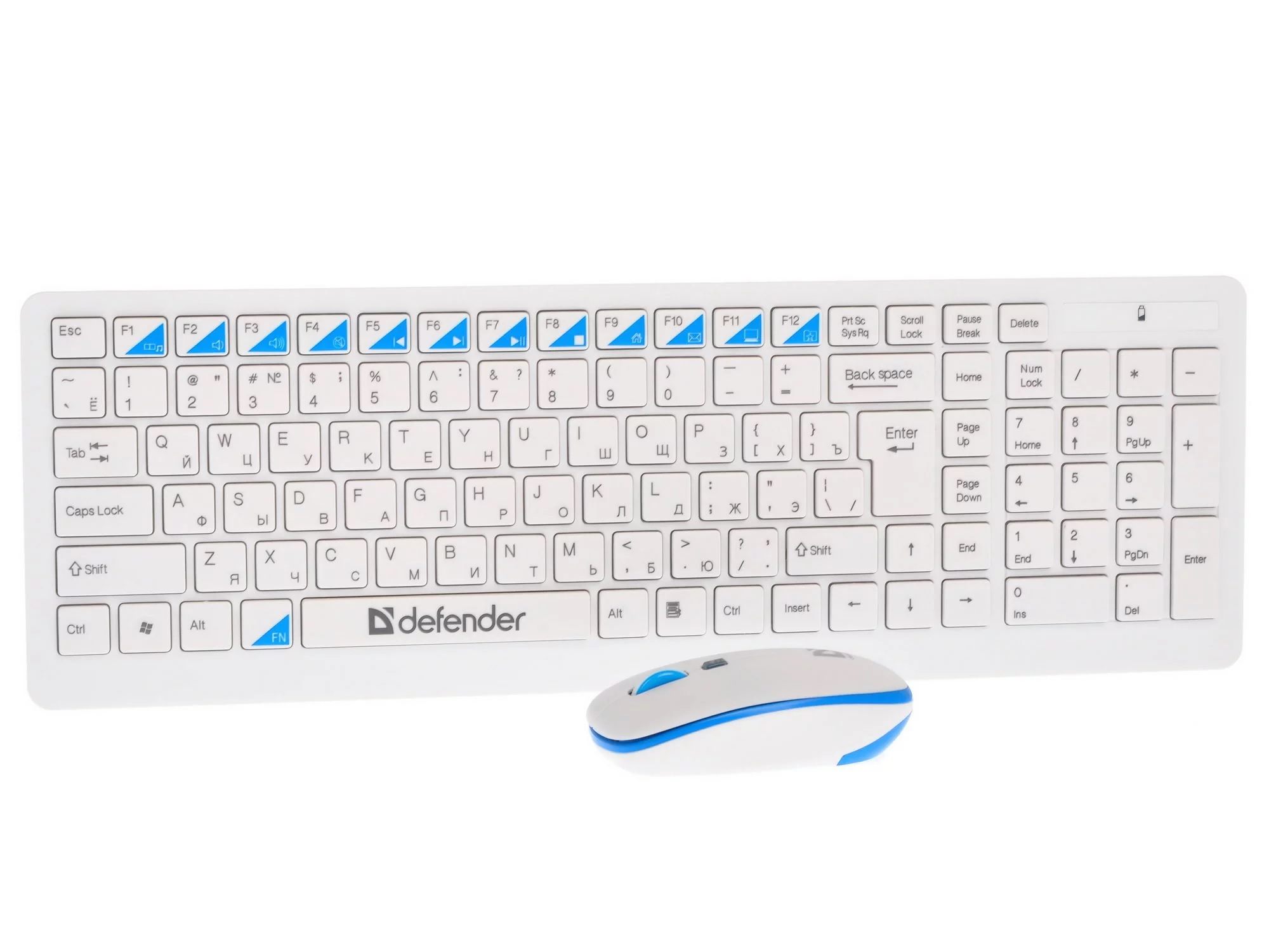 картинка Комплект беспроводной (клавиатура + мышь) Defender Skyline 895 Nano, белый/голубой, 45523 от магазина Альфанит в Кунгуре