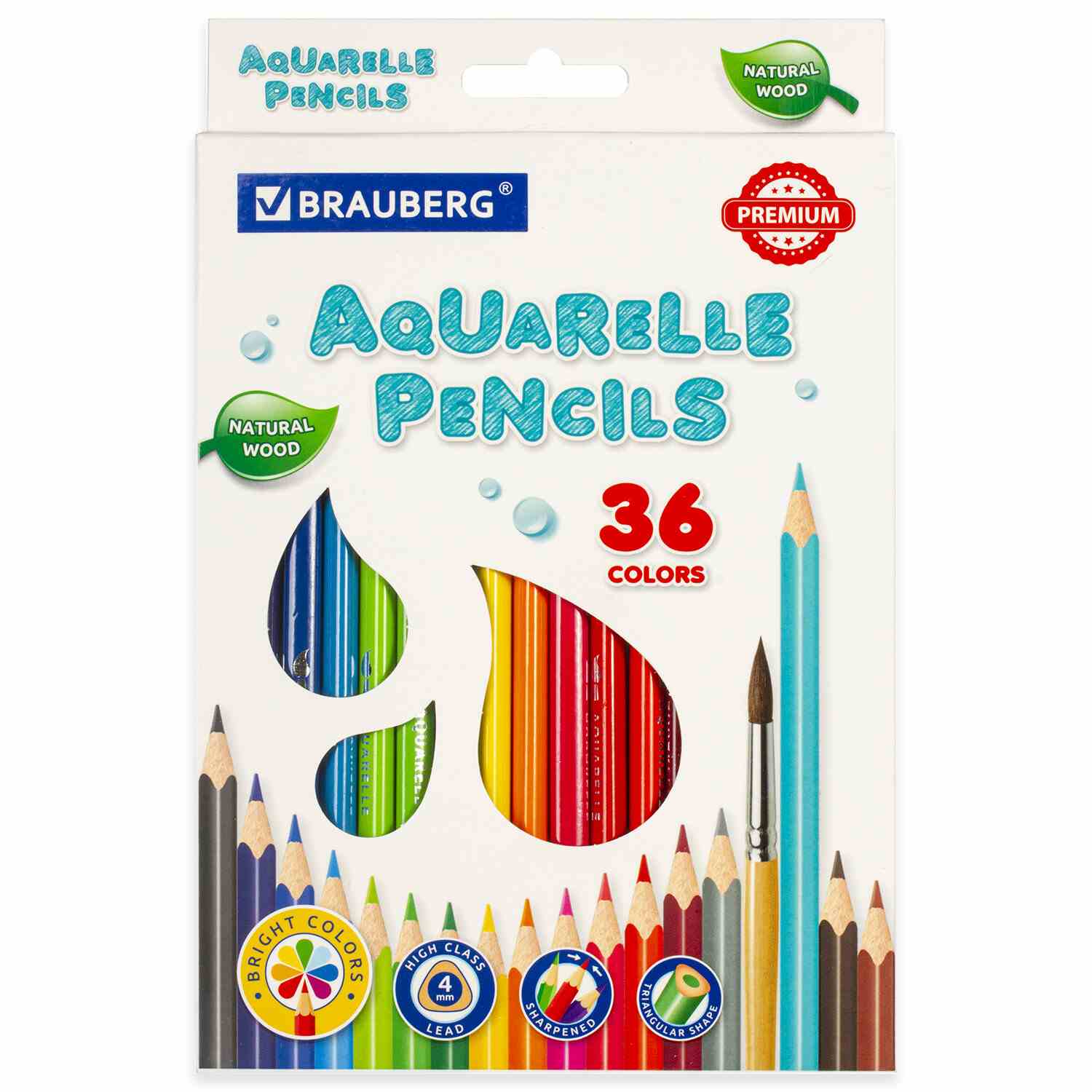 картинка Карандаши цветные акварельные, 36 цв, 36 шт, дерево, "Premium Aquarelle", BRAUBERG, 181674 от магазина Альфанит в Кунгуре