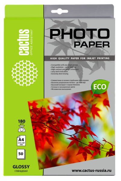 картинка Фотобумага A4 Cactus CS-GA418050E глянцевая, для струйной печати (180 г/м2) 50 листов от магазина Альфанит в Кунгуре