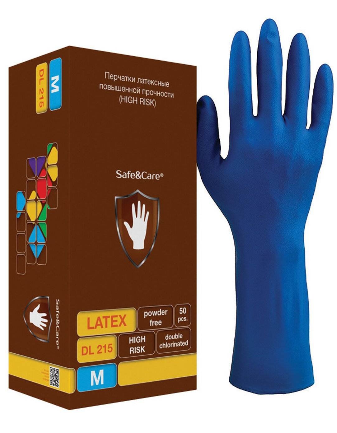 картинка Перчатки латексные, 1 пара, размер M, синий, прочные, неопудренные, "High Risk DL 215", SAFE&CARE, 630702 от магазина Альфанит в Кунгуре